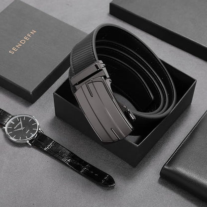 SENDEFN Leather Belt for Men Automatic Ratchet Buckle Slide Dress Casual Belts 1 3/8'' Wide Adjustable Trim to Fit(Black-20)