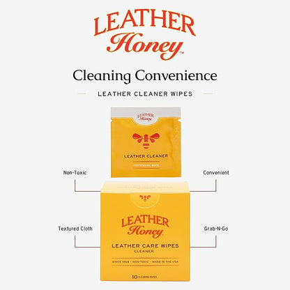 Leather Honey Cleaner Wipes: Clean Leather On-The-Go. 10 Cleaning Wipes for Leather, Faux & Vinyl: Any Color of Couches, Car Seats, Purses, Shoes & Bags. Made in the USA, Non-toxic & Ready-to-Use