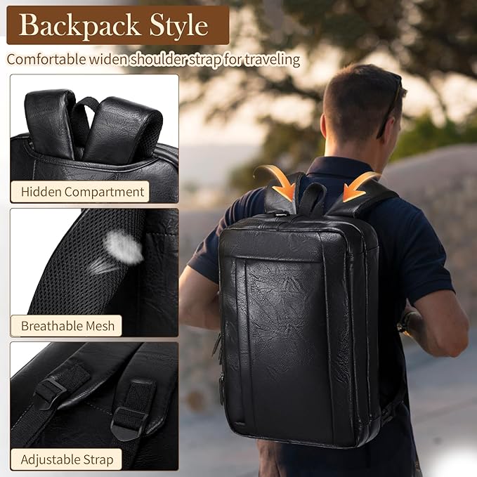 Faux Leather Messenger Bag for Men 17-17.3 Inch: Convertible 3 in 1 Backpack Laptop Briefcase Computer Handbags Shoulder CrossbodyBag with Padded for Work College Travel, PU Black
