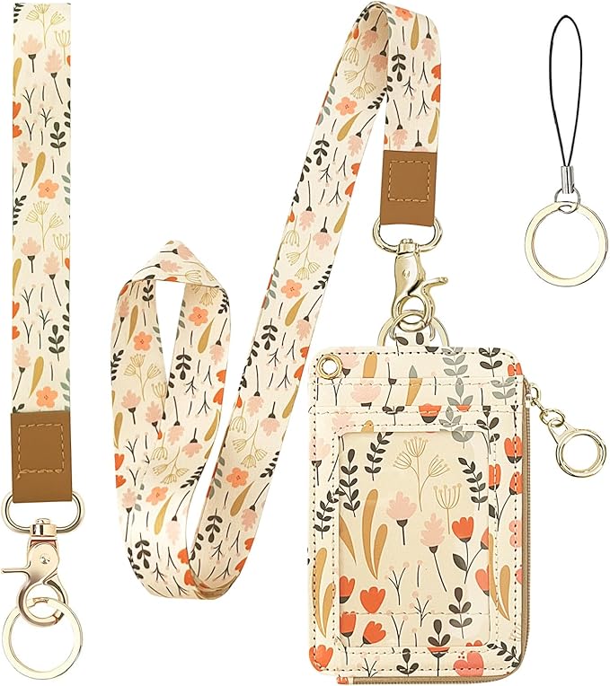 Bolimoss Floral Lanyard for ID Badge Wallet with Zipper Pocket, Cute Women Badge Holder with Detachable Neck Wrist Lanyard, ID Name Tag Work Badge Clip