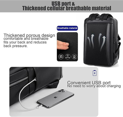 CHAO RAN Leather Laptop Backpack for Men Fit 15.6 Inch Laptop, Business Work Office College Medium Backpack with USB Charging Port, Waterproof Black Travel Bag