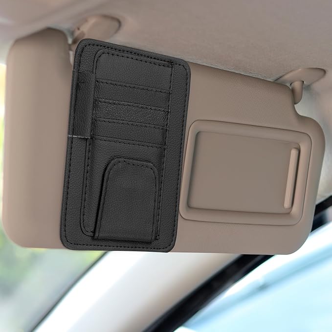 HARFINGTON Car Sun Visor Organizer 6.02" x 4.76" Leather Multi-Pocket Visor Card Sleeve Pocket Car Truck SUV Interior Storage Pouch for Driving License Credit Cards Bills Sunglasses, Black