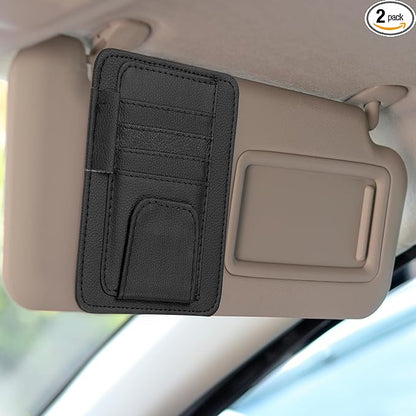 HARFINGTON 2Pcs Car Sun Visor Organizer 6.02" x 4.76" Leather Multi-Pocket Visor Card Sleeve Pocket Car Truck SUV Interior Storage Pouch for Driving License Credit Card Bill Sunglasses, Black