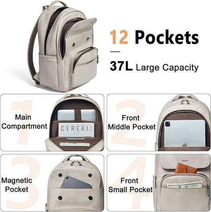 Leresas 37L Backpack Purse for Women Men Vegan Leather Teacher College Bag Daypack Work Business Back Pack Fashion Travel Back Pack Light Grey