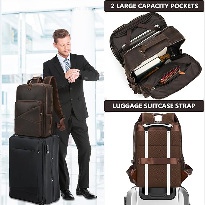 Vintage Full Grain Leather Backpack for Men, 16" Laptop Rucksack For Men Hiking Trave Work Business Bag, Dark Brown
