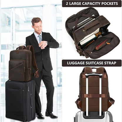 Vintage Full Grain Leather Backpack for Men, 16" Laptop Rucksack For Men Hiking Trave Work Business Bag, Dark Brown