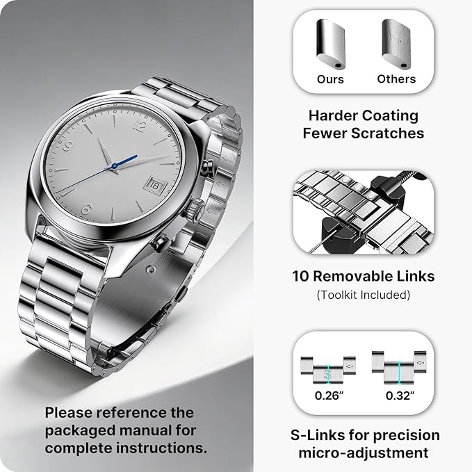 Fullmosa 16mm Stainless Steel Watch Band, Quick Release Metal Replacement Strap with Removable Links, Includes Spring Bars & Link Removal Tool for Men Women (Silver)