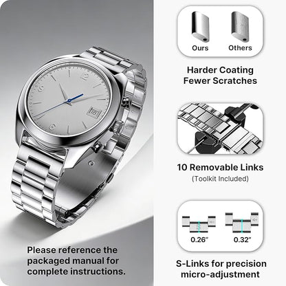 Fullmosa 19mm Stainless Steel Watch Band, Quick Release Metal Replacement Strap with Removable Links, Includes Spring Bars & Link Removal Tool for Men Women (Silver)