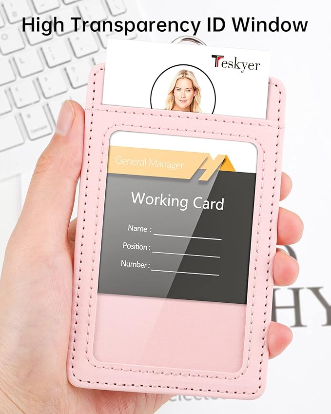 Teskyer Badge Holder with Lanyard, Leather ID Name Badge Card Holder with Lanyard for ID Badges, Vertical, Starry Pink