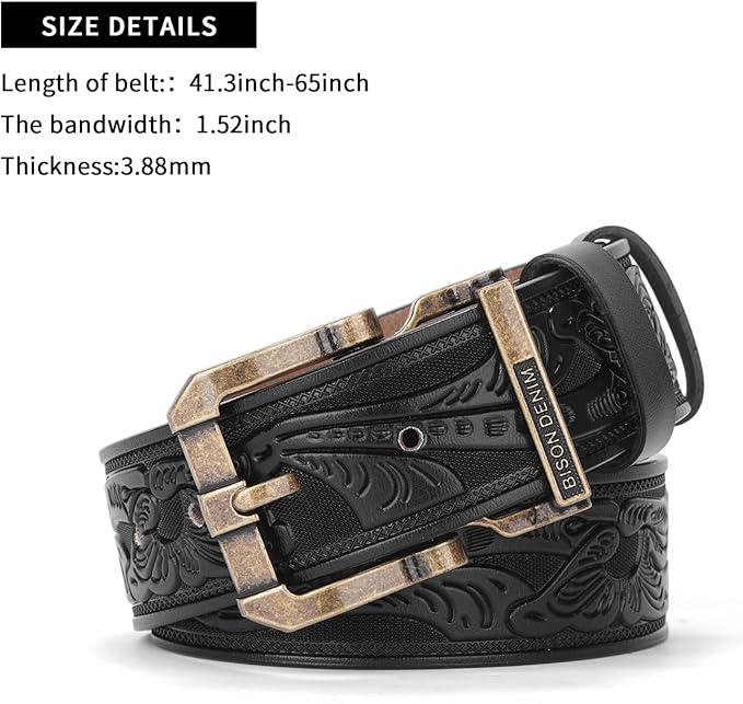 BISON DENIM Men's Genuine Leather Casual Belt, Classic Western Cowboy Dress Belts