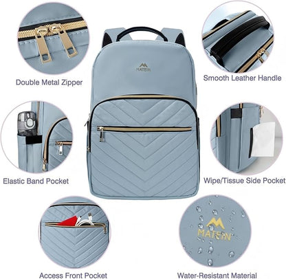MATEIN 15.6 Laptop Backpack, Quilted Cute Slim Backpacks for Women with Luggage Strap & Leather Handle, Lightweight Fashion Travel Computer Bag Padded Sturdy Casual Daypack for Office, Business, Blue