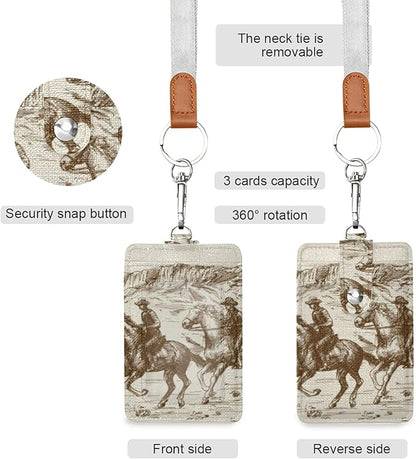 xigua ID Badge Holder with Removable Lanyard PU Leather Cards Holder for Office Men Women, Western Desert Cowboy