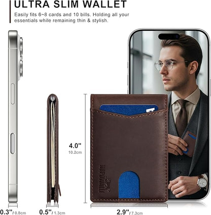 Slim Wallet for Men RFID Blocking, Genuine Leather Card Holder Minimalist Bifold, Front Pocket Wallets for Men with Money Clip Small Thin