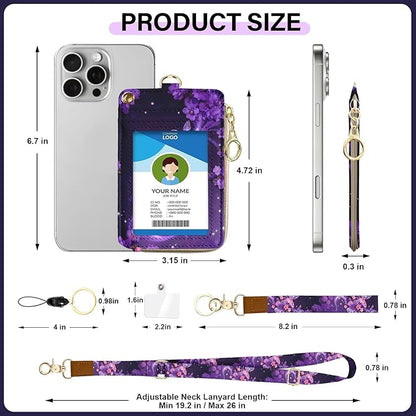 Lanyard Wallet with Id Badge Holder, RFID Small Keychain Wallet Lanyard for Women Wristlet, Pu Leather Zipper Credit Card Holder Phone Wrist Neck Strap for Key Name Tag - Purple Butterfly