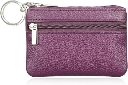 Hibate Purple Small Leather Coin Purse Change Pouch for Women Men Kids with Zip Key Ring