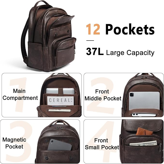 Leresas 37L Backpack Purse for Women Mens for Work Laptop Travel Business Back Pack Vegan Leather Fashion College Computer Teacher Bag Daypack Coffee