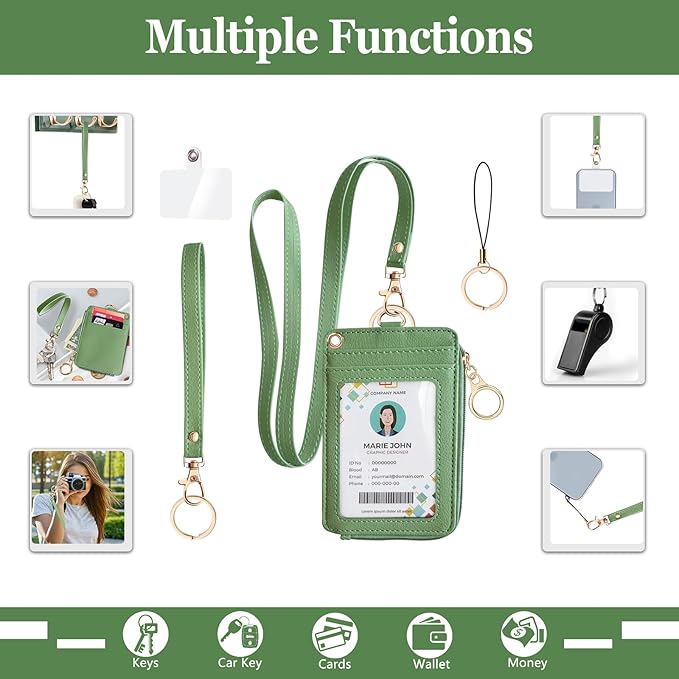 bolimoss 2-in-1 ID Badge Holder & Lanyard Wallet for Women Teacher, PU Leather ID Badge Wallet Case with Detachable Wristlet & Neck Lanyard, Clear Window, 5 Card Slots, 1 Side Zipper Pocket, Green