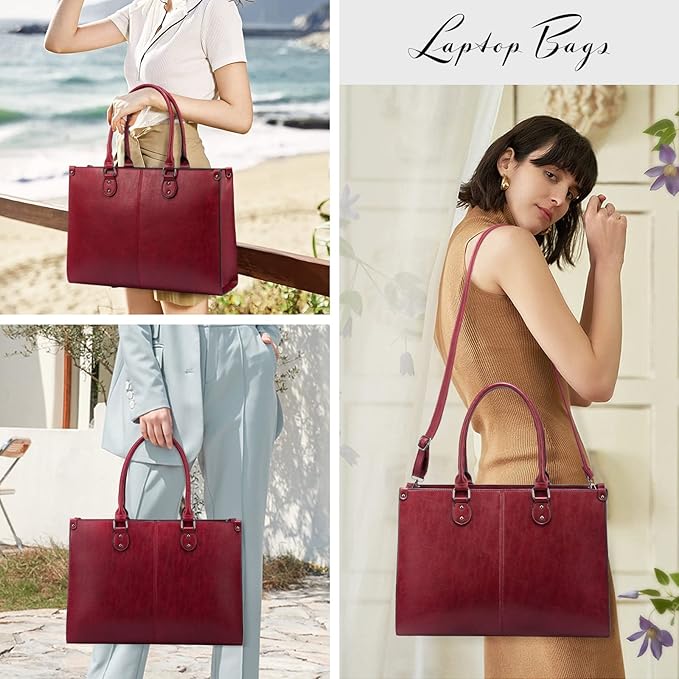 LOVEVOOK Laptop Tote Bag for Women, 15.6 Inch Large Capacity Vintage Leather Work Computer Bag, Business Casual Shoulder Handbag, Dark Red