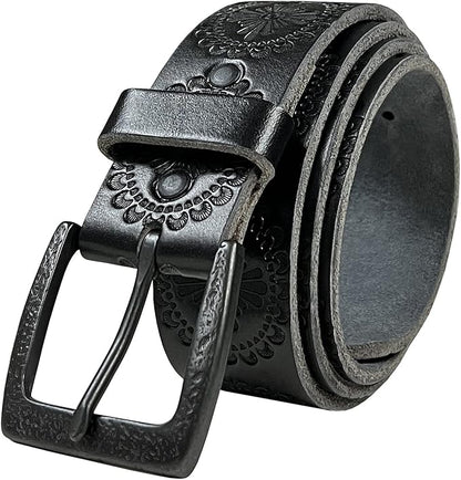Cowboy Cowgirl Western Tooled Floral Embossed Full Grain Genuine Leather Belt Strap 1-1/2"(38mm) Wide