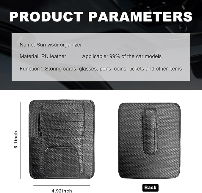 Dickno Small Leather Car Sun Visor Organizer, Multifunctional Auto Visor Document Holder with Sunglasses Clip, Universal Car Interior Organizer for Driving License, Card, Pen (Carbon Fiber Black)