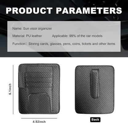 Dickno Small Leather Car Sun Visor Organizer, Multifunctional Auto Visor Document Holder with Sunglasses Clip, Universal Car Interior Organizer for Driving License, Card, Pen (Carbon Fiber Black)