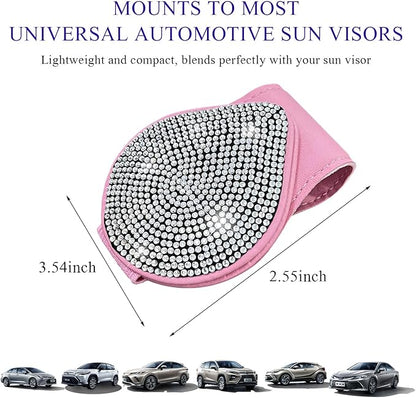KVAEY Bling Sunglass Holder for Car Visor, Magnetic Leather Visor Clip Glasses Holder with Sparkling Rhinestones, Crystal Visor Ticket Card Clip for Women Girls, Car Accessories (Pink & White)