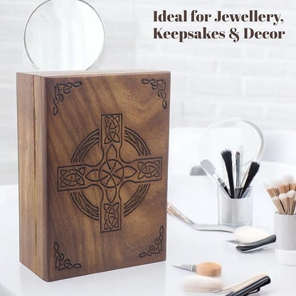 Celtic Cross Wooden Jewelry Box, Rosewood Handmade Engraved Christian Keepsake Storage Chest for Women & Men, Religious Gift Box, Vintage Wooden Treasure Organizer for Jewelry & Decor