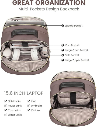LOVEVOOK Laptop Backpack Purse for Women, Large Capacity Travel Business Computer Work Bag, Quilted Casual Nurse Backpack for Womens, Fit 15.6 Inch Laptop with USB Port, Brown