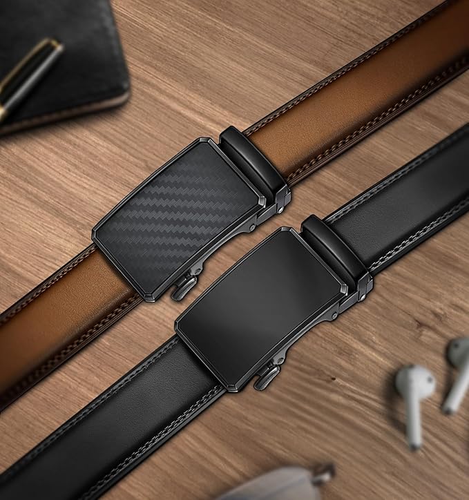 KEMISANT Men Belt 2 Pack, Leather Ratchet Belt Easy Click Slide For Men 1 3/8",Cut for Fit