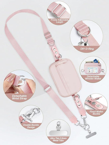 Tiostep Clip and Go Strap for Phone with Wallet Crossbody Phone Lanyard Adjustable and Detachable RFID Wristlet Wallet with ID Window and Zipper, Pink Large