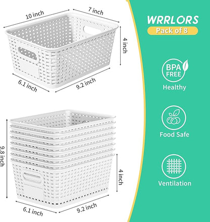 8-Pack White Plastic Storage Baskets with Lids, Label Organizers, Stackable Organizer Containers: For Organizing Shelves, Drawers, Desk Closets, Playrooms, Classrooms, Offices