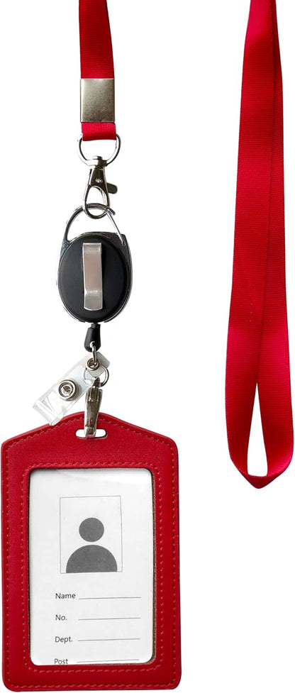 ID Card Case + Heavy Duty Lanyard (Red)+ Badge Holder Retractable Reel Carabiner and Plastic Clip (Soft Genuine Leather Case)