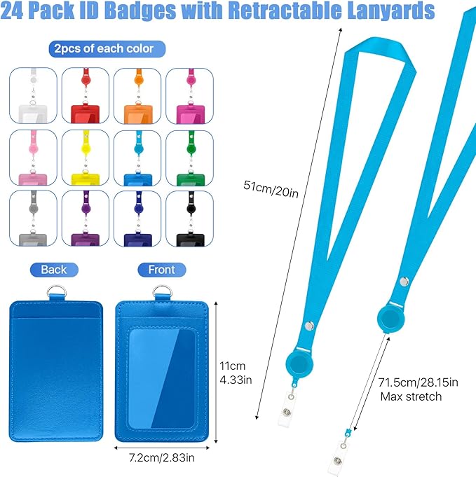 24 Pcs ID Badge Holder with Retractable Lanyard, Leather Vertical Id Card Holder with Badge Reel Neck Lanyard, Colorful Heavy Duty Retractable Lanyards with ID Holder for Work Cards Office