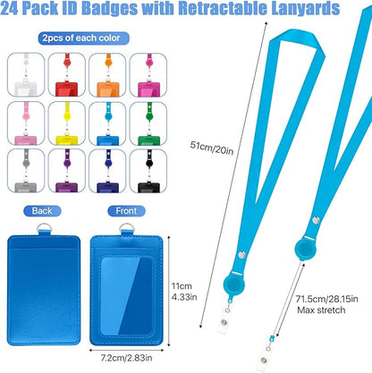 24 Pcs ID Badge Holder with Retractable Lanyard, Leather Vertical Id Card Holder with Badge Reel Neck Lanyard, Colorful Heavy Duty Retractable Lanyards with ID Holder for Work Cards Office