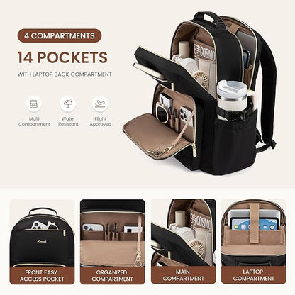 LOVEVOOK Laptop Backpack for Women with Pouch Pocket for Large Capacity Cup,18 Inch Teacher Nurse College Work Backpack Purse,Waterproof Laptop Bag Computer Back Pack for Travel,Black+Wicker pattern