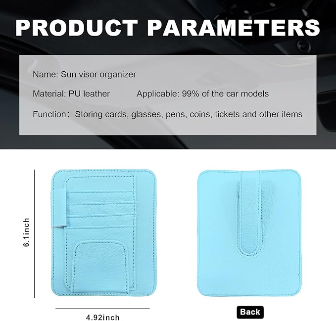 Dickno Small Leather Car Sun Visor Organizer, Multifunctional Auto Visor Document Holder with Sunglasses Clip, Universal Car Interior Organizer for Drving License, Card, Pen (Blue)
