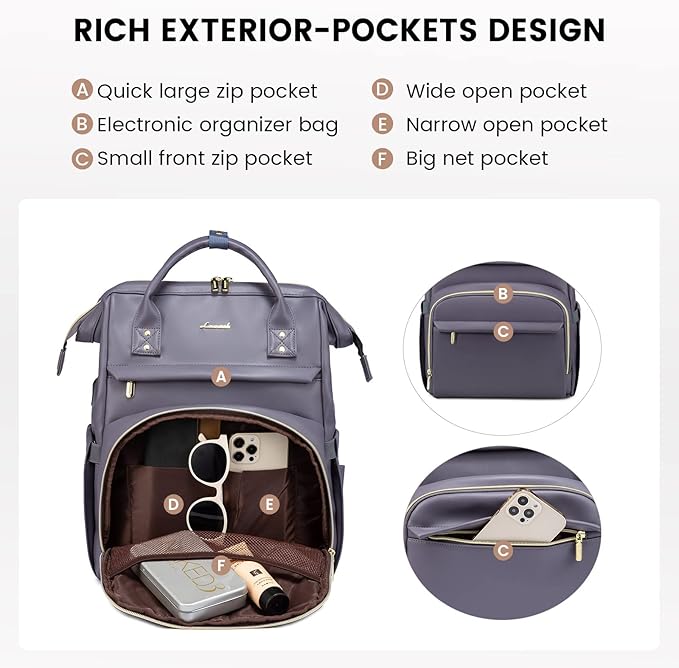 LOVEVOOK Leather Laptop Backpack for Women 18 inch,Travel Backpack Purse Nurse Teacher Backpack Computer Laptop Bag,Professional College Business Work Bags Carry On Backpack with USB Port,Grey Purple