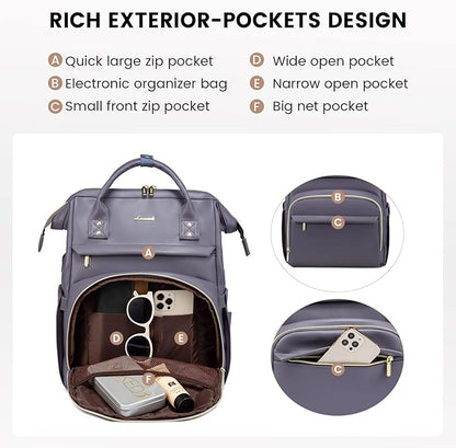 LOVEVOOK Leather Laptop Backpack for Women 18 inch,Travel Backpack Purse Nurse Teacher Backpack Computer Laptop Bag,Professional College Business Work Bags Carry On Backpack with USB Port,Grey Purple