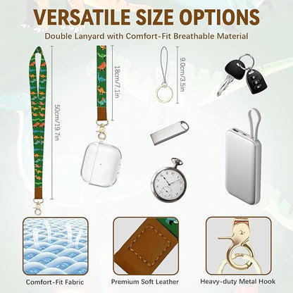 Dinosaur Leather Badge Holder with Zipper Pocket, Green Work Lanyards and 1 Zip Pocket and 4 Card Slots, Breakaway Lanyards with Metal Clasp for Boys, Adult, Teachers