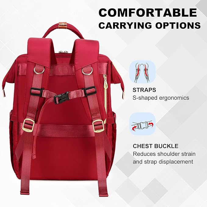 Lunch Backpack, 15.6 inch Laptop Backpack with Insulated Lunch Bag, Backpack Cooler for Women, Large Travel Backpack Lunch Box Compartment, Work Computer Backpack, Teacher College Book Bag, Red