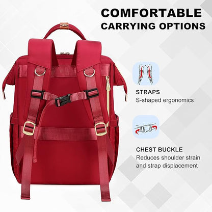Lunch Backpack, 15.6 inch Laptop Backpack with Insulated Lunch Bag, Backpack Cooler for Women, Large Travel Backpack Lunch Box Compartment, Work Computer Backpack, Teacher College Book Bag, Red