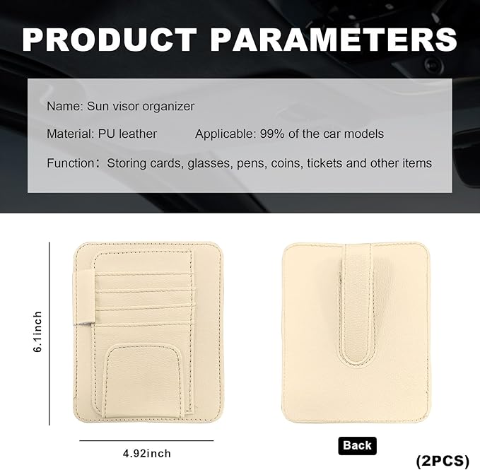 Dickno 2PCS Small Leather Car Sun Visor Organizer, Multifunctional Auto Visor Document Holder with Sunglasses Clip, Universal Car Interior Organizer for Drving License, Card, Pen (Beige)
