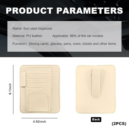 Dickno 2PCS Small Leather Car Sun Visor Organizer, Multifunctional Auto Visor Document Holder with Sunglasses Clip, Universal Car Interior Organizer for Drving License, Card, Pen (Beige)