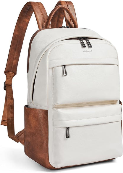 Vegan Leather Backpack for Women and Men, Fits 16.0 Inch Laptop, Multi-Pocket Design with Water Bottle and Luggage Strap, Ideal for Work, Travel, and Daily Use, Beige