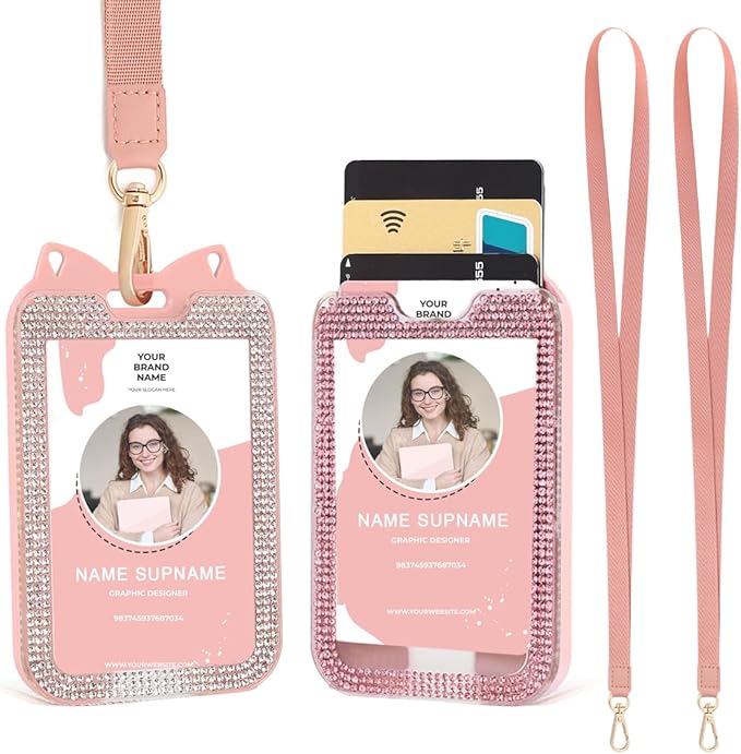 2 Pack Lanyards for ID Badge Holder Bling Sparkly Cute ID Card Holder with Lanyards for Women (Pink and White)