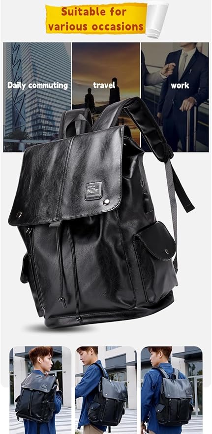 Soft leather backpack, casual PU backpack men women. USB charging port. Suitable for work, commuting, traveling, etc. Waterproof. (Black)