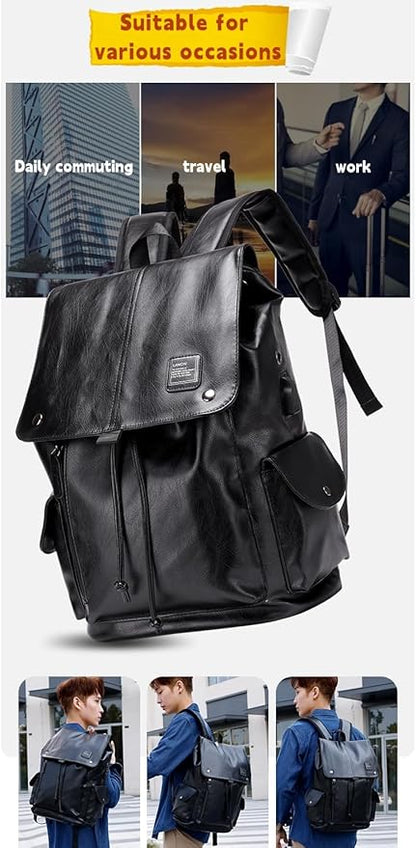 Soft leather backpack, casual PU backpack men women. USB charging port. Suitable for work, commuting, traveling, etc. Waterproof. (Black)