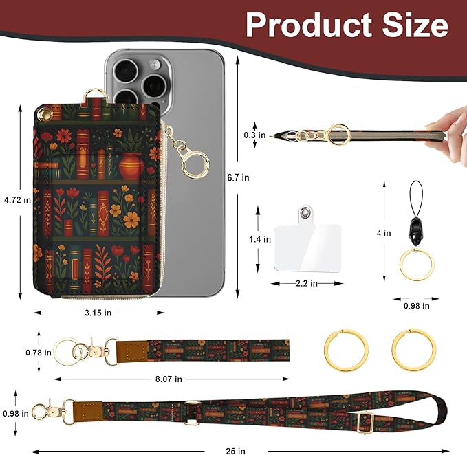 Plant Bookshelf Lanyard Wallet, PU Leather Lanyards for ID Badges, RFID Blocking, Detachable Phone Lanyard Keychain Wristlet ID Badge Holder with Zipper Pocket for Office School Business