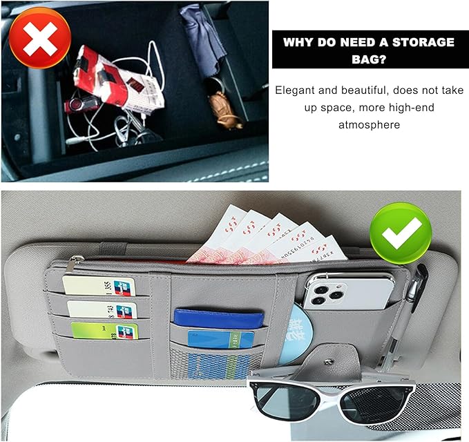 Ohleats Car Sun Visor Organizer, Multifunctional Visor Storage Holder for License Pen Key, Leather Card Cash Pouch with Multi-Pocket Net Zipper, Universal Interior Car Accessories (Gray)
