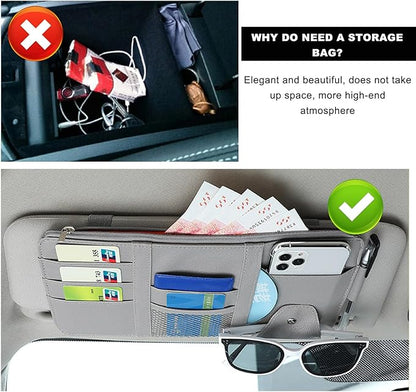 Ohleats Car Sun Visor Organizer, Multifunctional Visor Storage Holder for License Pen Key, Leather Card Cash Pouch with Multi-Pocket Net Zipper, Universal Interior Car Accessories (Gray)